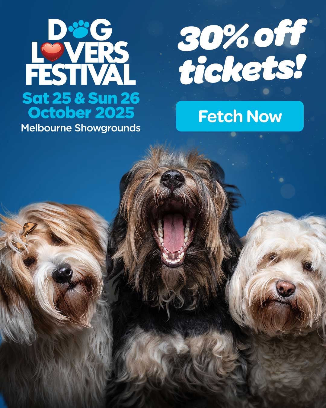 Get 30% off you 2025 Dog Lover’s Festival Tickets Dog Lover's Festival 2025 Tickets promo showing three cute dogs